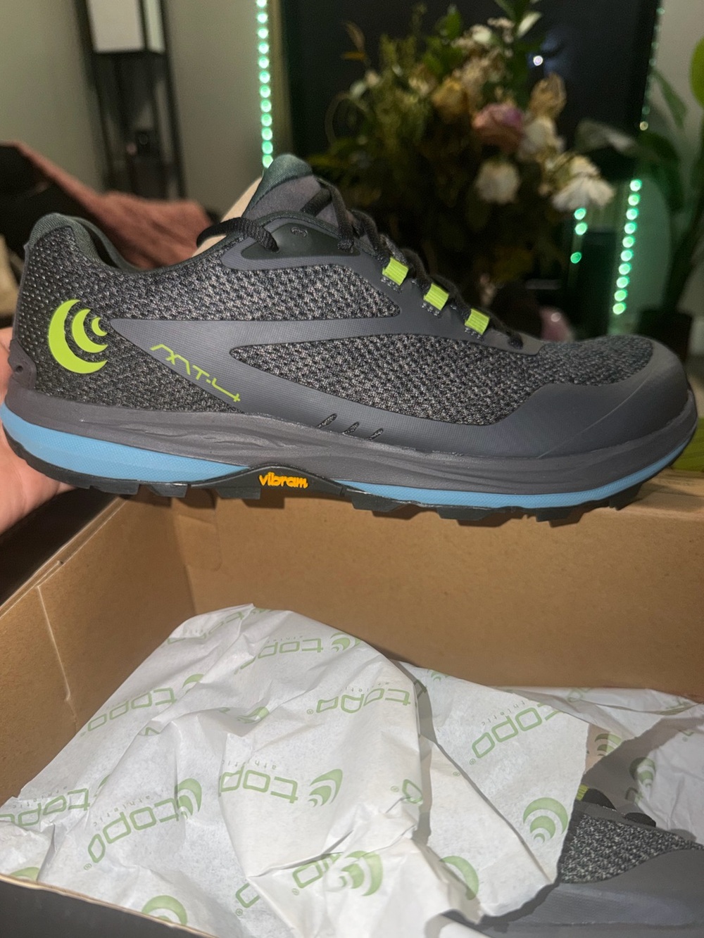 Men's Grey Athletic Trail Shoe with Lime Accents Topo athletic